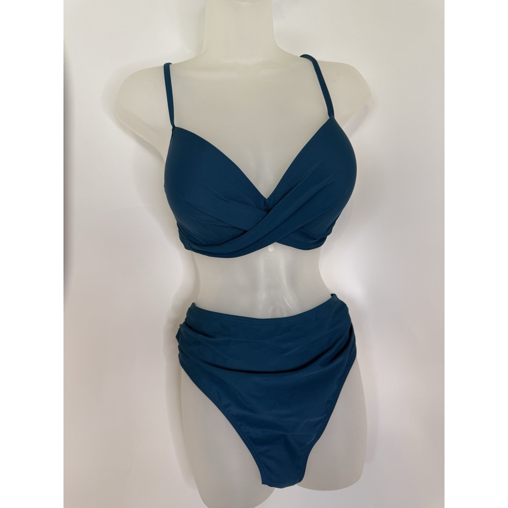 New Women's 2 Piece High Waist and Wrap Top Bikini Swimsuit Sea Blue Green XL - Picture 3 of 16